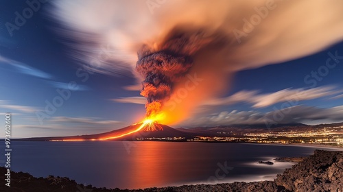 Majestic Volcanic Eruption with Flowing Lava and Billowing Smoke Illuminating the Night Sky, Capturing the Raw Power of Nature in an Awe-Inspiring Scene photo