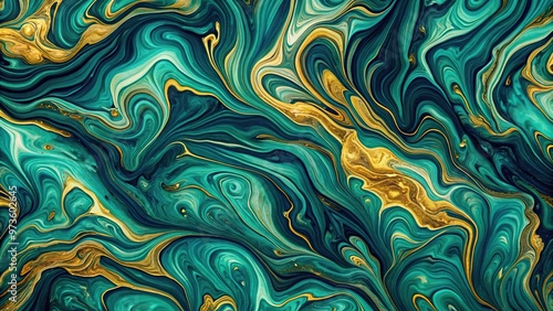 Amazing aesthetic wallpaper with retro style liquid marble in teal, dark green and yellow colors, isolated on white background with wavecore Depth of Field