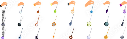 Swinging hypnosis pendulum icons set. Set of hypnotist hands holding a pendulum making a swinging motion