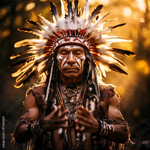 A powerful portrait of a Native American man adorned in a traditional headdress, set against a sunlit forest backdrop. His intense expression and detailed attire highlight cultural heritage and