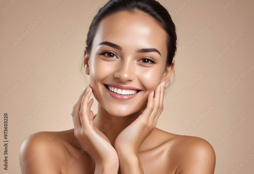 Woman smiling while touching her flawless glowy skin with copy space for your advertisement. Skincare. AI generated