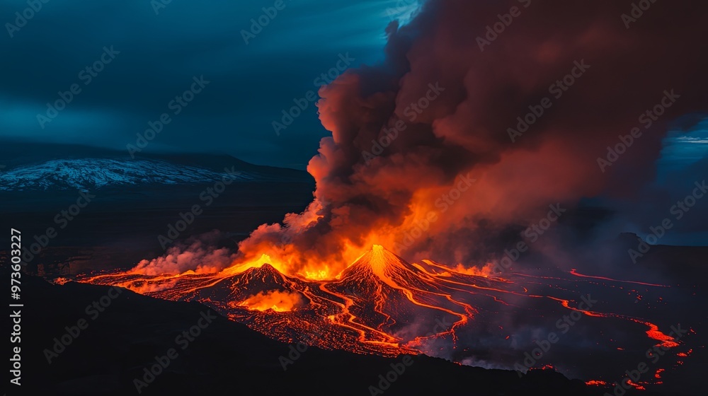 Fototapeta premium Majestic Volcanic Eruption with Flowing Lava and Billowing Smoke Illuminating the Night Sky, Capturing the Raw Power of Nature in an Awe-Inspiring Scene