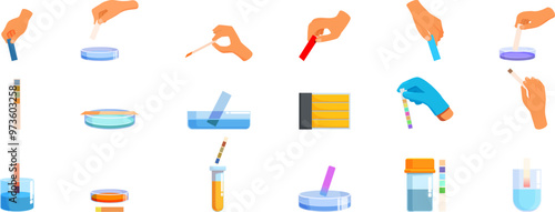 Test paper strips icons set. Scientists are determining the acidity and alkalinity of solutions in a laboratory setting