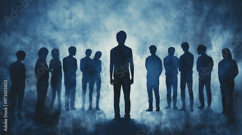 Young man standing alone surrounded by people bullying him