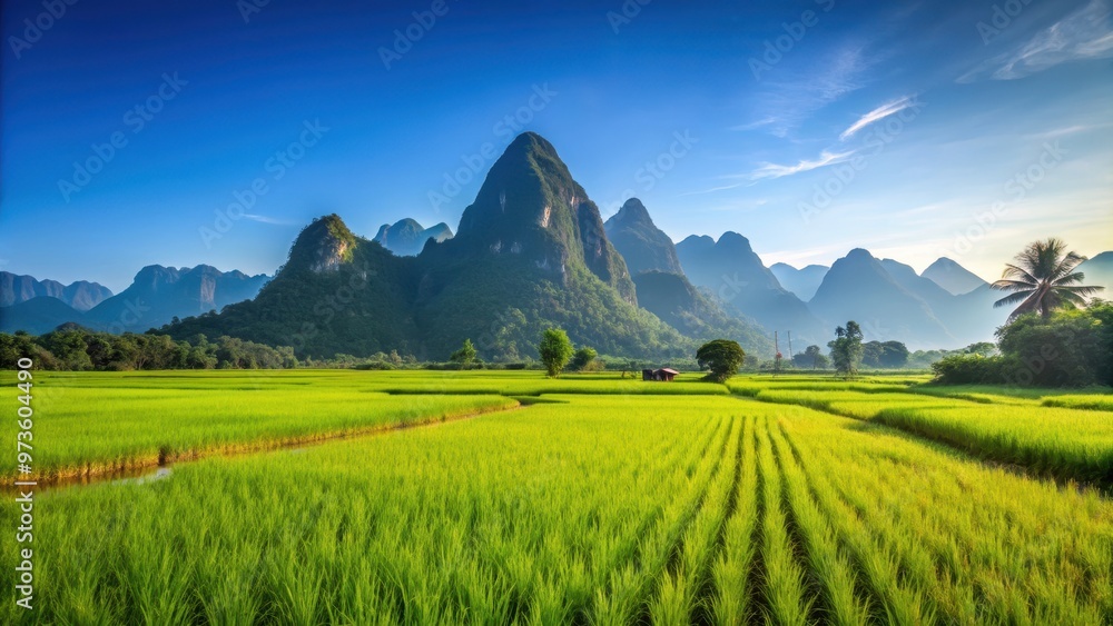 Obraz premium Beautiful rice field landscape with majestic mountains and a clear blue sky, rice fields, landscape, mountains, blue sky