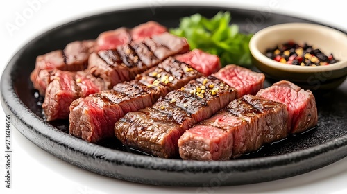 grilled wagyu beef steak with vegetables at wooden plate 