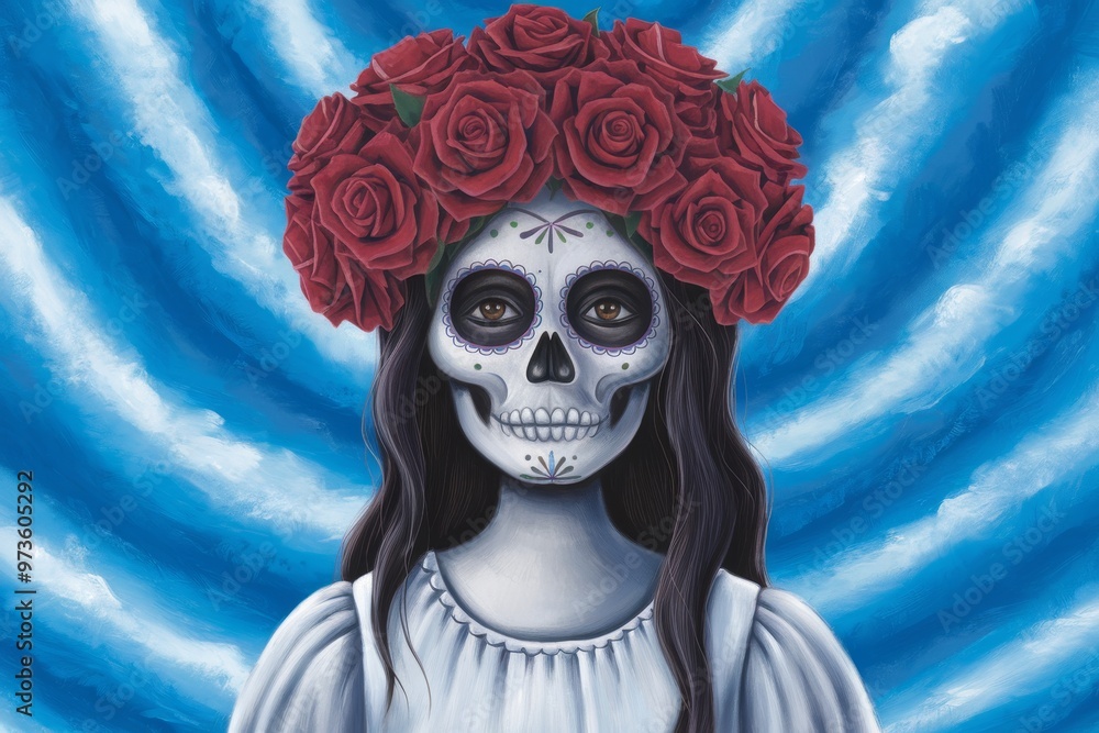 Colorful sugar skull figure with a crown of roses, set against a graveyard background at night. Concept of Day of the Dead celebration Colorful sugar skull figure with a crown of roses, set against a graveyard background at night. Concept of Day of the Dead celebration