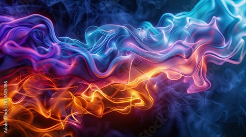 A vibrant, swirling blend of colorful smoke and light, creating an abstract, dynamic visual effect.