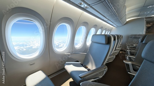 Airplane interior with blue seats and windows overlooking clouds.