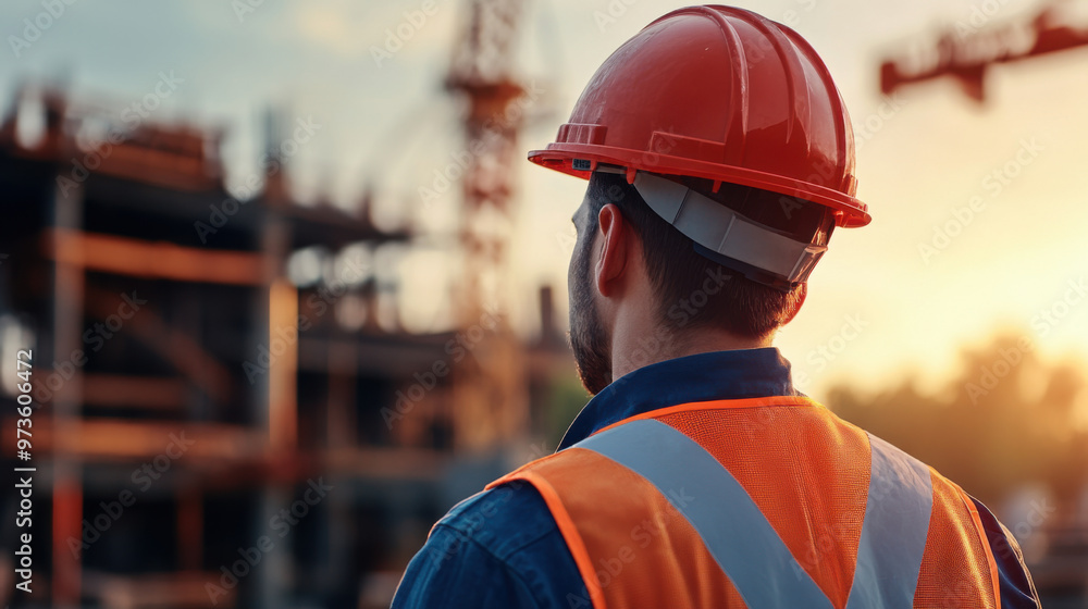 A construction worker wearing a hard hat and safety vest inspects the framework of a building at sunset, ensuring structural integrity. A construction worker wearing a hard hat and safety vest inspects the framework of a building at sunset, ensuring structural integrity.