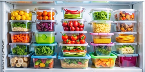 Refrigerator filled with colorful lunch boxes prepared for healthy meals, Refrigerator, lunch boxes, healthy meals