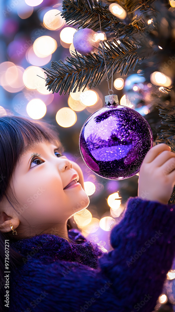 Naklejka premium A young child hangs a Christmas bauble on the tree. 