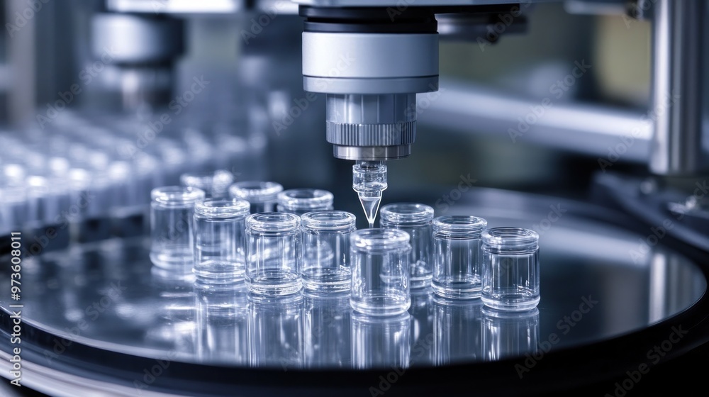 Automated filling machine dispensing liquid into clear glass vials on a reflective surface. Automated filling machine dispensing liquid into clear glass vials on a reflective surface.