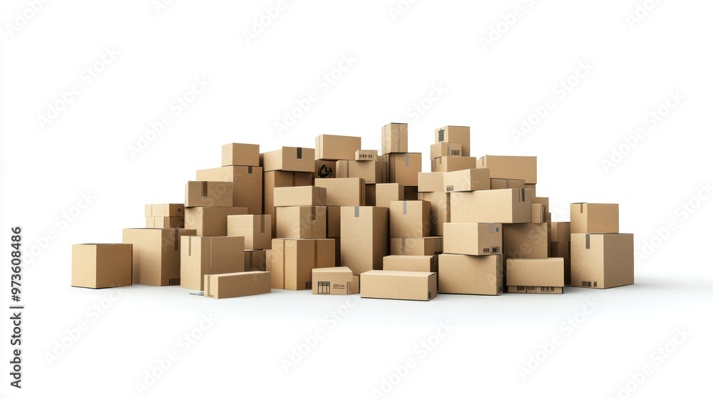 A large pile of cardboard boxes on a white background. A large pile of cardboard boxes on a white background.