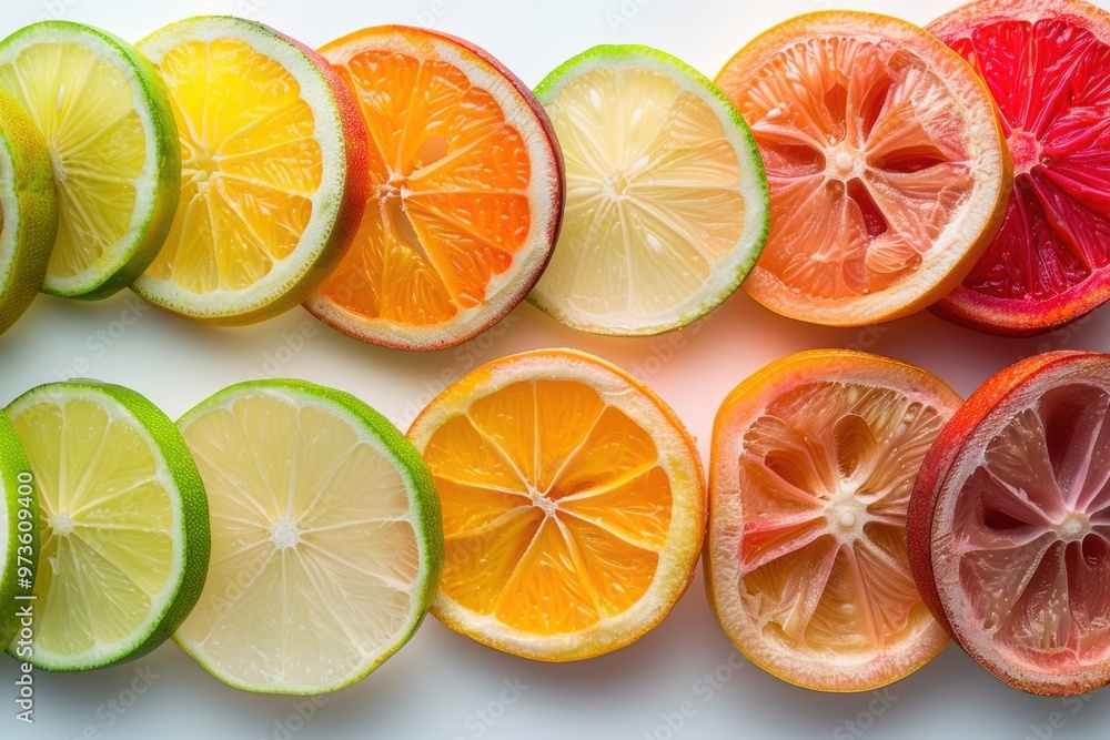 Obraz premium Artistic layout of vibrant, intersecting quince slices on a bright surface