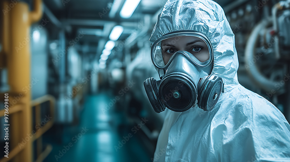 Intense Focus in Hazmat Suit: A determined woman in a full-body hazmat suit and respirator mask stares intently into the camera, conveying a sense of focus, safety, and resilience. Her unwavering gaze Intense Focus in Hazmat Suit: A determined woman in a full-body hazmat suit and respirator mask stares intently into the camera, conveying a sense of focus, safety, and resilience. Her unwavering gaze