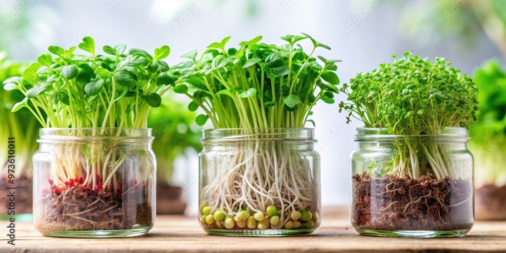 Fresh microgreens growing in clear jars, showcasing vibrant green foliage and healthy roots Fresh microgreens growing in clear jars, showcasing vibrant green foliage and healthy roots