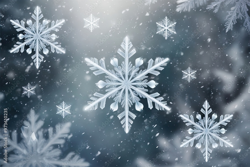 Ethereal Snowflakes with Translucent Crystals in a Soft Snowfall Overlay Ethereal Snowflakes with Translucent Crystals in a Soft Snowfall Overlay
