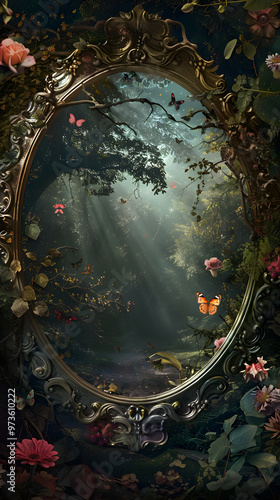 In an enchanted forest, a mystical mirror showcases a magical scene full of vibrant butterflies, beautiful flowers, and lush greenery, creating a captivating and surreal fairytale setting