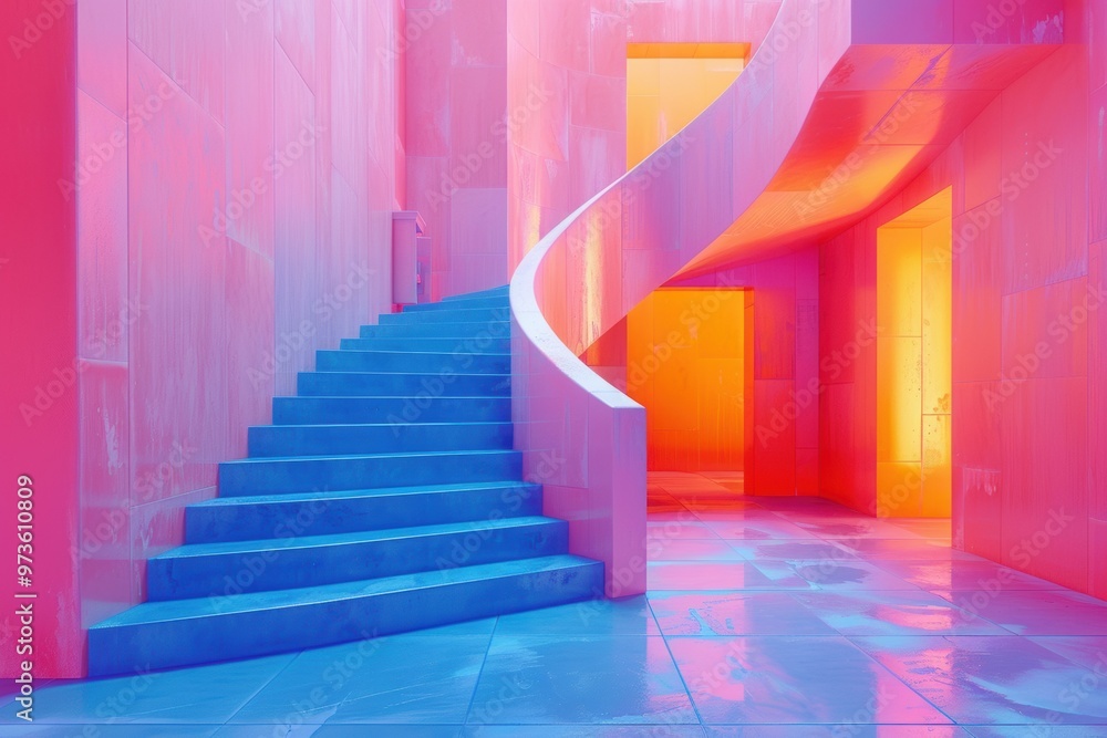 Ethereal spiral staircase in a vibrant, illusionary space at twilight hour Ethereal spiral staircase in a vibrant, illusionary space at twilight hour