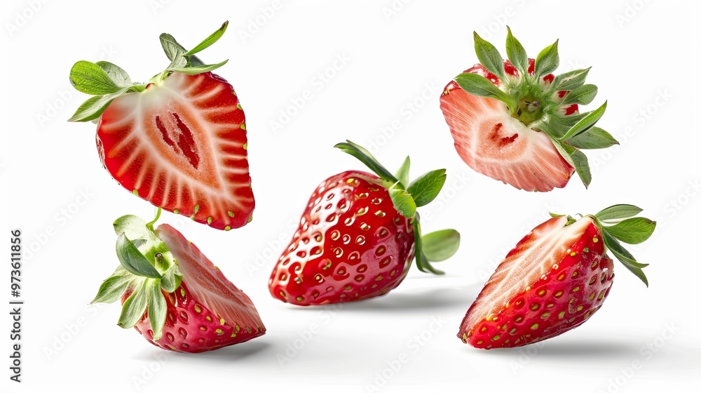 Isolated strawberries. Three strawberry fruits, one cut in half isolated on white background
Isolated strawberries. Three strawberry fruits, one cut in half isolated on white background
