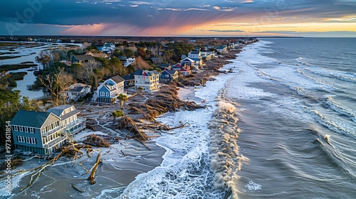 Severe coastal erosion threatening communities, with homes and infrastructure at risk as the shoreline recedes. The dramatic scene illustrates the impact of rising sea levels and changing weather 
