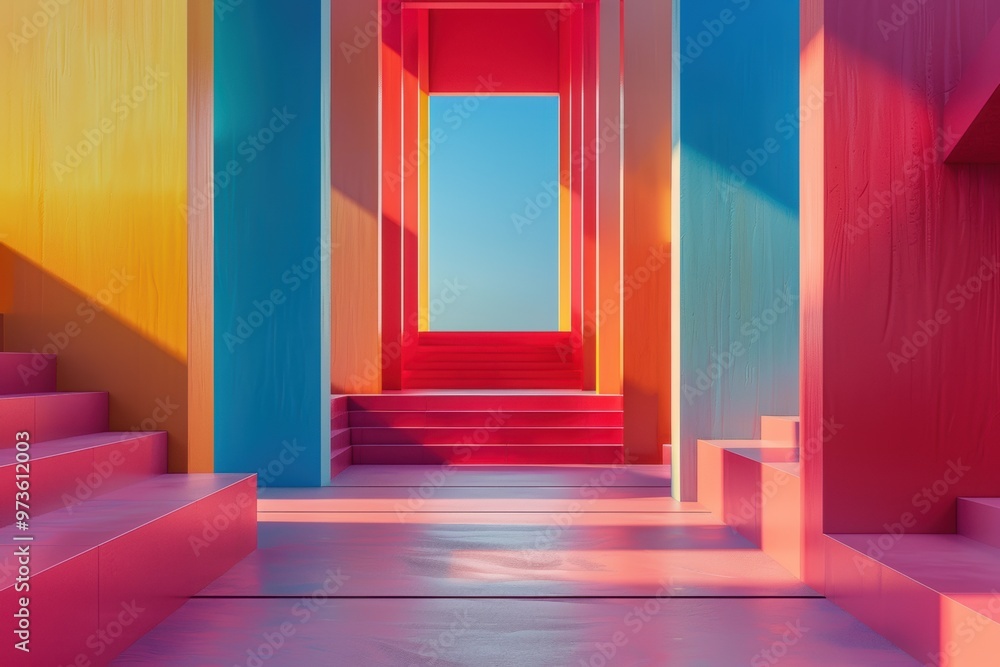 Fototapeta premium A vibrant composition of floating colorful structures in a surreal atmosphere at sunrise