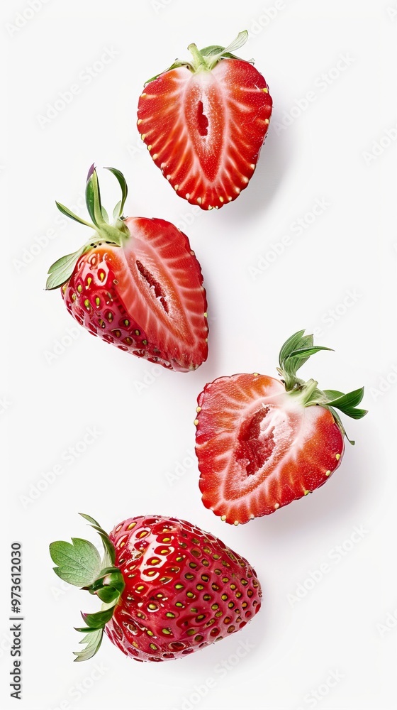 Isolated strawberries. Three strawberry fruits, one cut in half isolated on white background Isolated strawberries. Three strawberry fruits, one cut in half isolated on white background