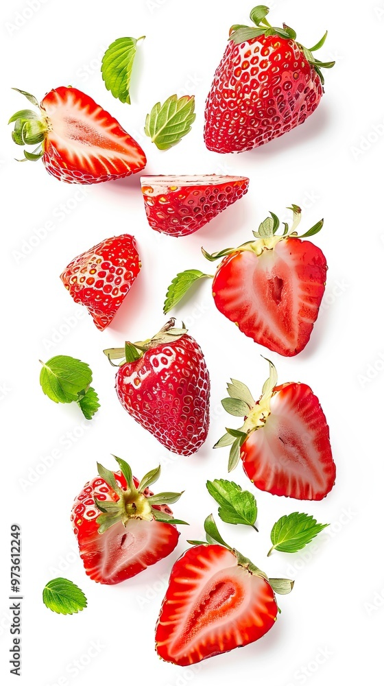 Isolated strawberries. Three strawberry fruits, one cut in half isolated on white background Isolated strawberries. Three strawberry fruits, one cut in half isolated on white background