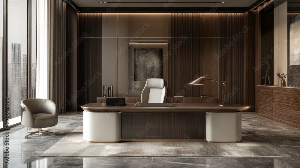 Modern executive office with large windows overlooking cityscape, featuring a brown leather chair, sleek desk, and stylish decor. Modern executive office with large windows overlooking cityscape, featuring a brown leather chair, sleek desk, and stylish decor.
