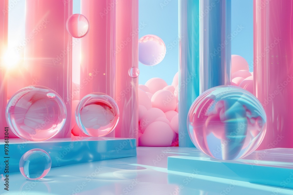 Floating orbs illuminate vibrant pastel landscape with pillars and fluffy clouds Floating orbs illuminate vibrant pastel landscape with pillars and fluffy clouds