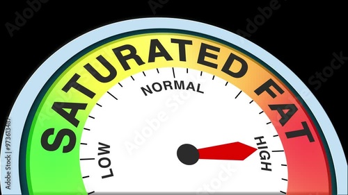 Saturated Fat Level Text or Word Low and Medium to High Meter Concept Animation on Black Background and Blue Screen