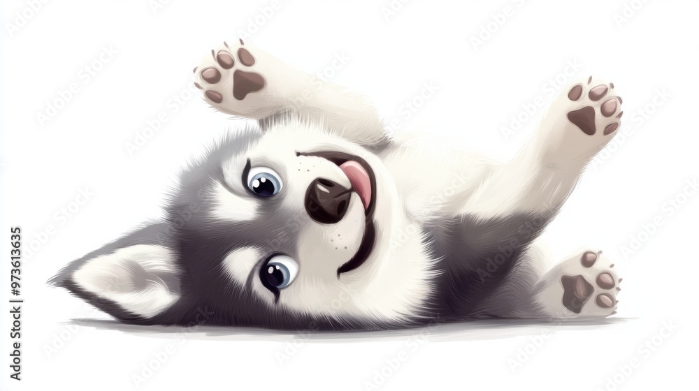 A cute cartoon Siberian Husky puppy rolling on its back with paws in the air, showing its playful side, isolated on white A cute cartoon Siberian Husky puppy rolling on its back with paws in the air, showing its playful side, isolated on white