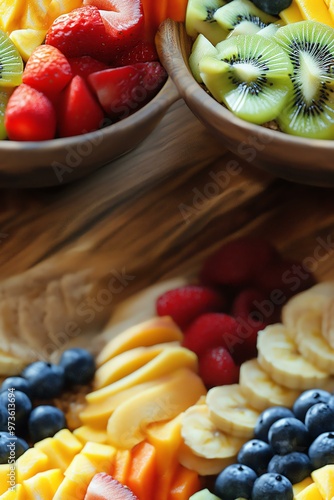 A vibrant and colorful assortment of sliced fresh fruits including strawberries, kiwis, bananas, blueberries, and raspberries in wooden bowls. photo