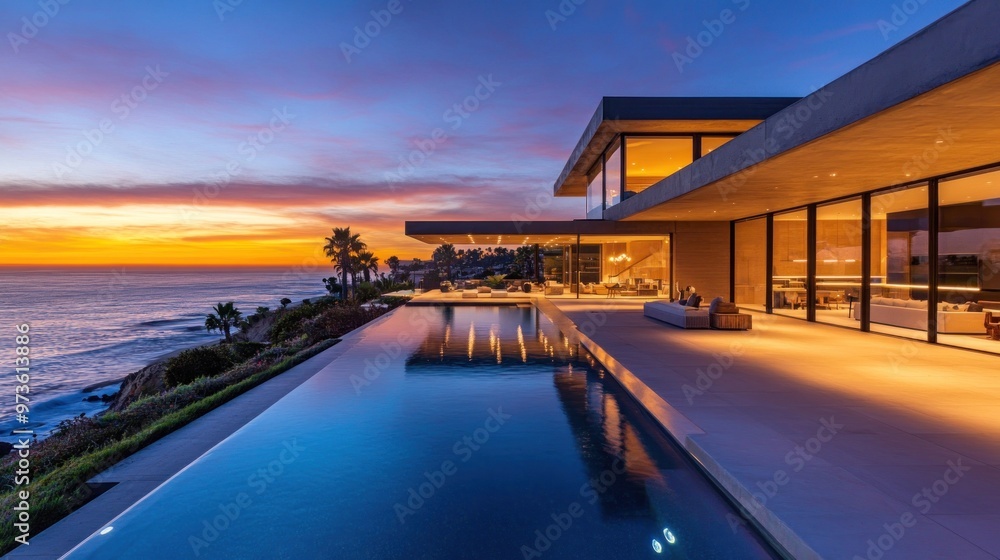 Modern home with an infinity pool overlooking the ocean at sunset. Modern home with an infinity pool overlooking the ocean at sunset.