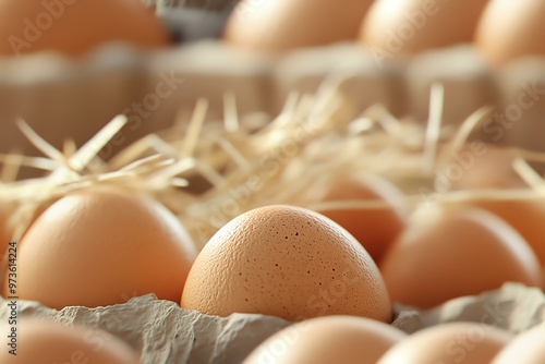 Close-up of fresh brown eggs in a carton, surrounded by straw, showcasing natural farming and organic produce, perfect for food-related content. photo