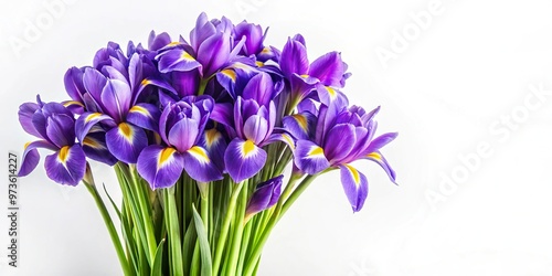 Beautiful bouquet of purple irises against white silhouette background