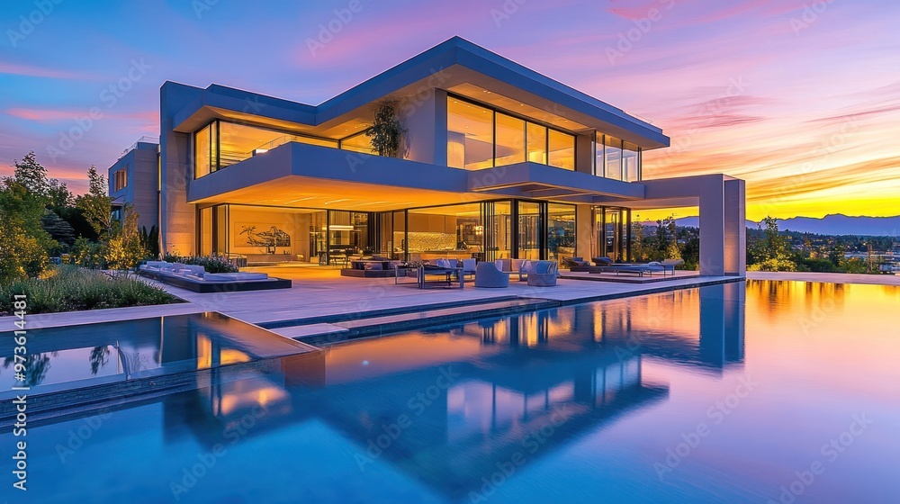 Obraz premium Modern house with a swimming pool and a beautiful sunset.