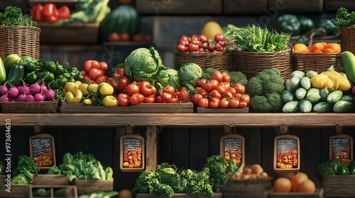 Colorful display of fresh vegetables and fruits at a market stall, showcasing healthy produce including tomatoes, lettuce, and bell peppers.