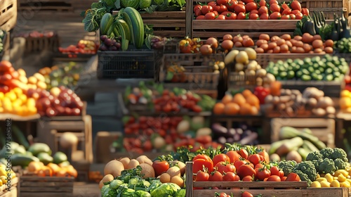 Fresh produce market stall with an array of colorful fruits and vegetables neatly arranged in wooden crates under natural sunlight.