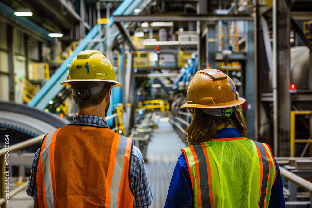 Workers in Hard Hats Inspecting Equipment at Industrial Facility Workers in Hard Hats Inspecting Equipment at Industrial Facility