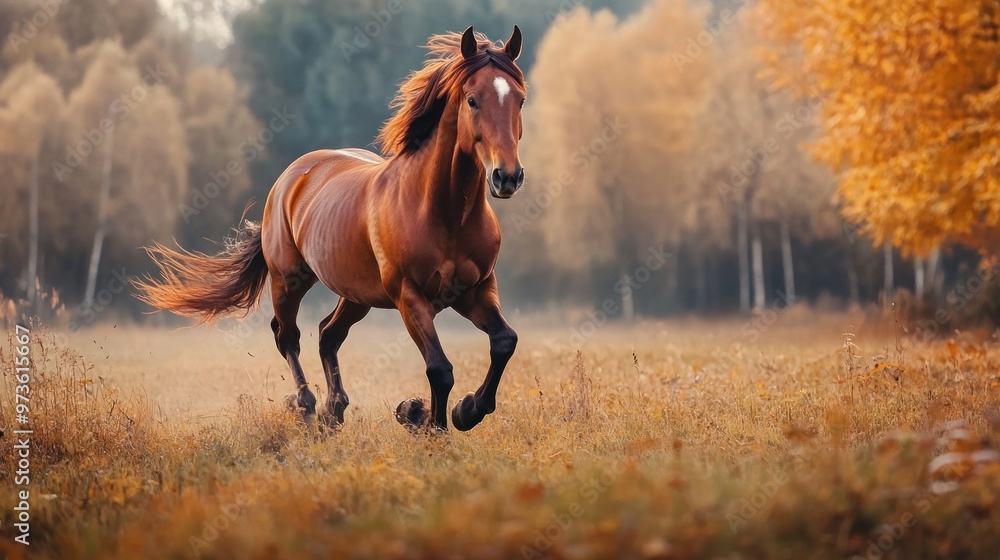 A brown horse runs through a field of tall grass and autumn foliage. A brown horse runs through a field of tall grass and autumn foliage.