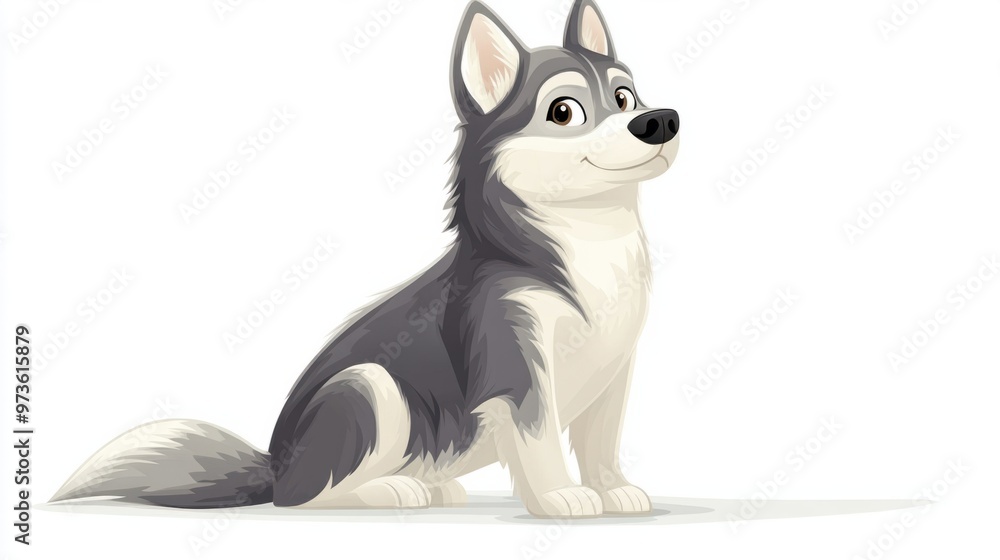 Cartoon Siberian Husky with one ear up and one ear down, looking curious and cute, isolated on a white background Cartoon Siberian Husky with one ear up and one ear down, looking curious and cute, isolated on a white background