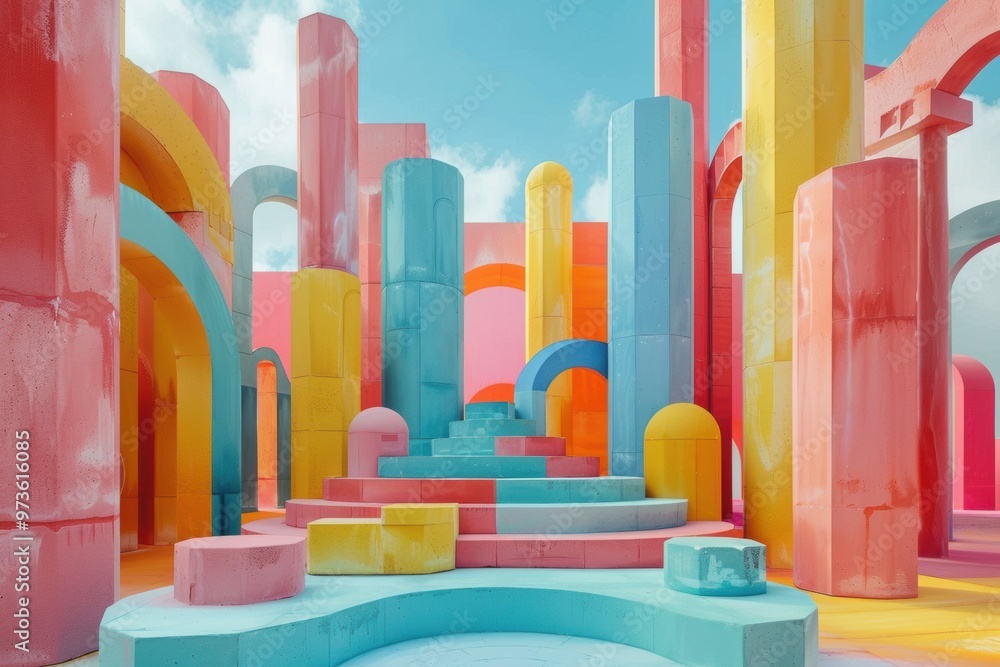 Surreal architectural playground of vibrant pastel shapes and arches under a bright sky Surreal architectural playground of vibrant pastel shapes and arches under a bright sky