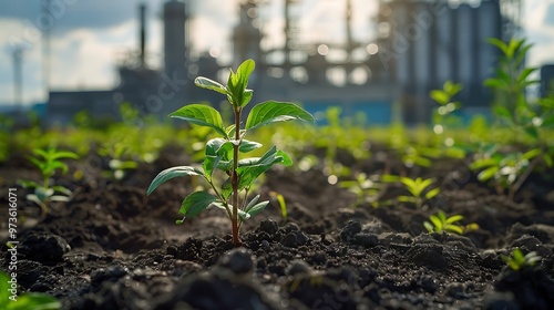 Phytoremediation plants cleaning contaminated soil, featuring various plant species actively absorbing toxins from the soil in an industrial area.  photo