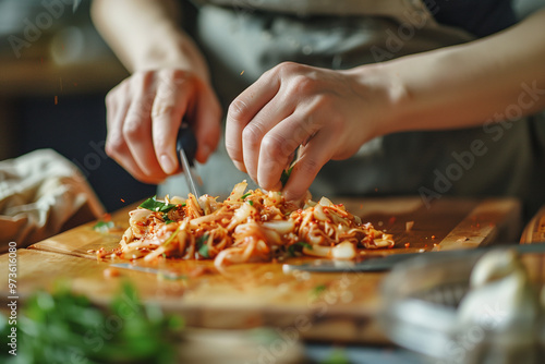 Slicing Fresh Kimchi on Wooden Cutting Board