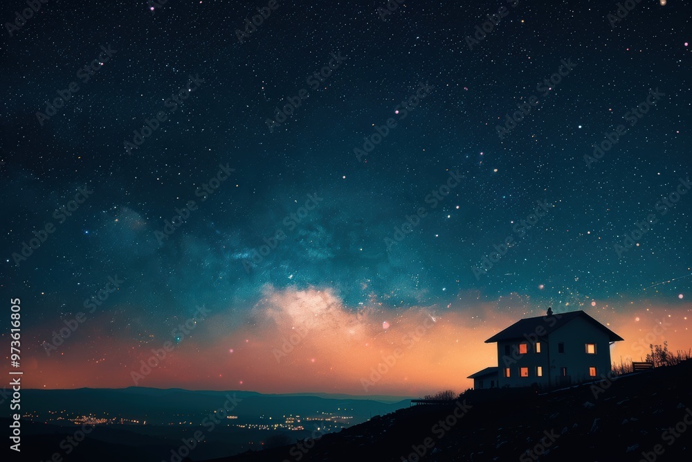 A tranquil house silhouette beneath a captivating starry night sky in a serene landscape A tranquil house silhouette beneath a captivating starry night sky in a serene landscape