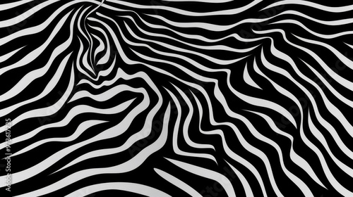 A visually striking abstract pattern of black and white wavy lines, creating a sense of movement and depth.