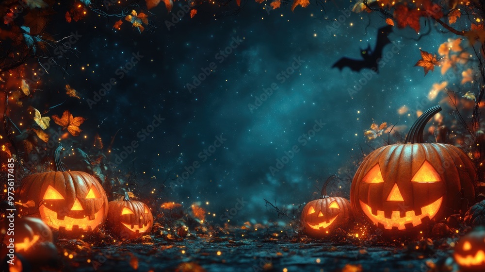 Spooky Halloween scene with glowing pumpkins and autumn leaves.