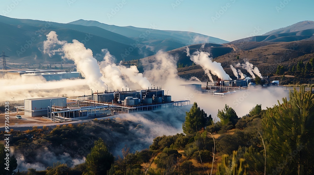 Fototapeta premium A geothermal power plant with steam vents releasing energy from deep within the Earth, providing a renewable and reliable source of power. The plant’s integration into the natural landscape 
